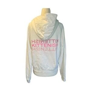Kittenish Graphic Print Logo Hoodie Sweatshirt White Pink Fleece Long Sleeve Pul